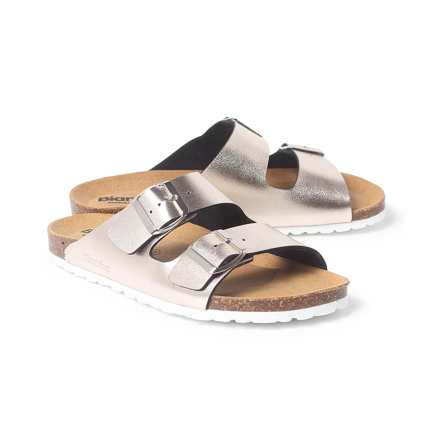 Marbella Vegan Leather Slip On Cork Sandal - Metallic Silver