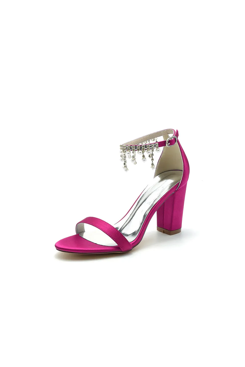 Open Toe Block Heels with Rhinestone Tassel