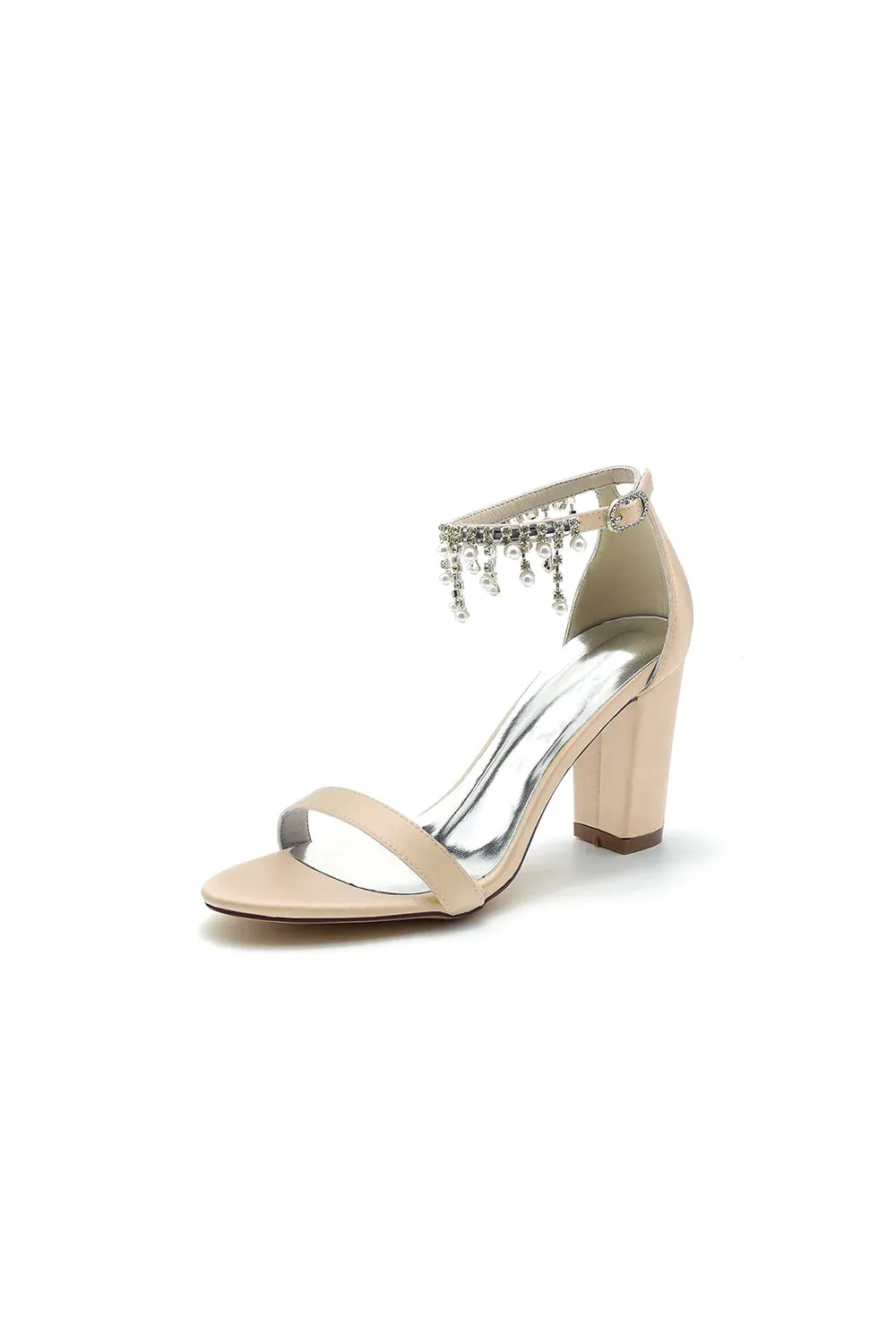 Open Toe Block Heels with Rhinestone Tassel