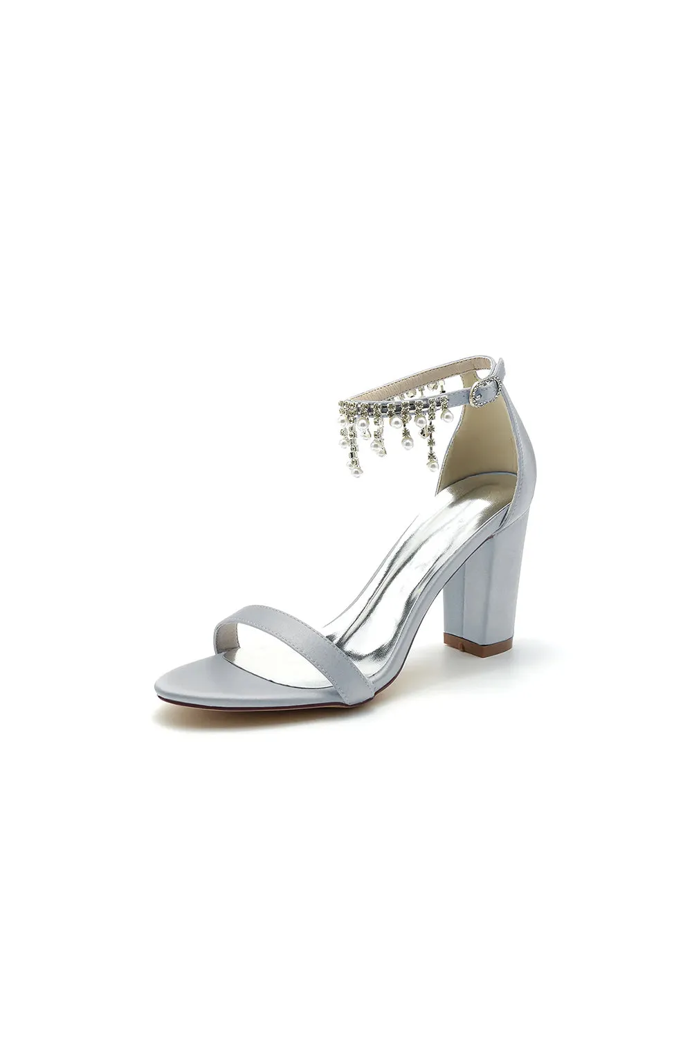 Open Toe Block Heels with Rhinestone Tassel