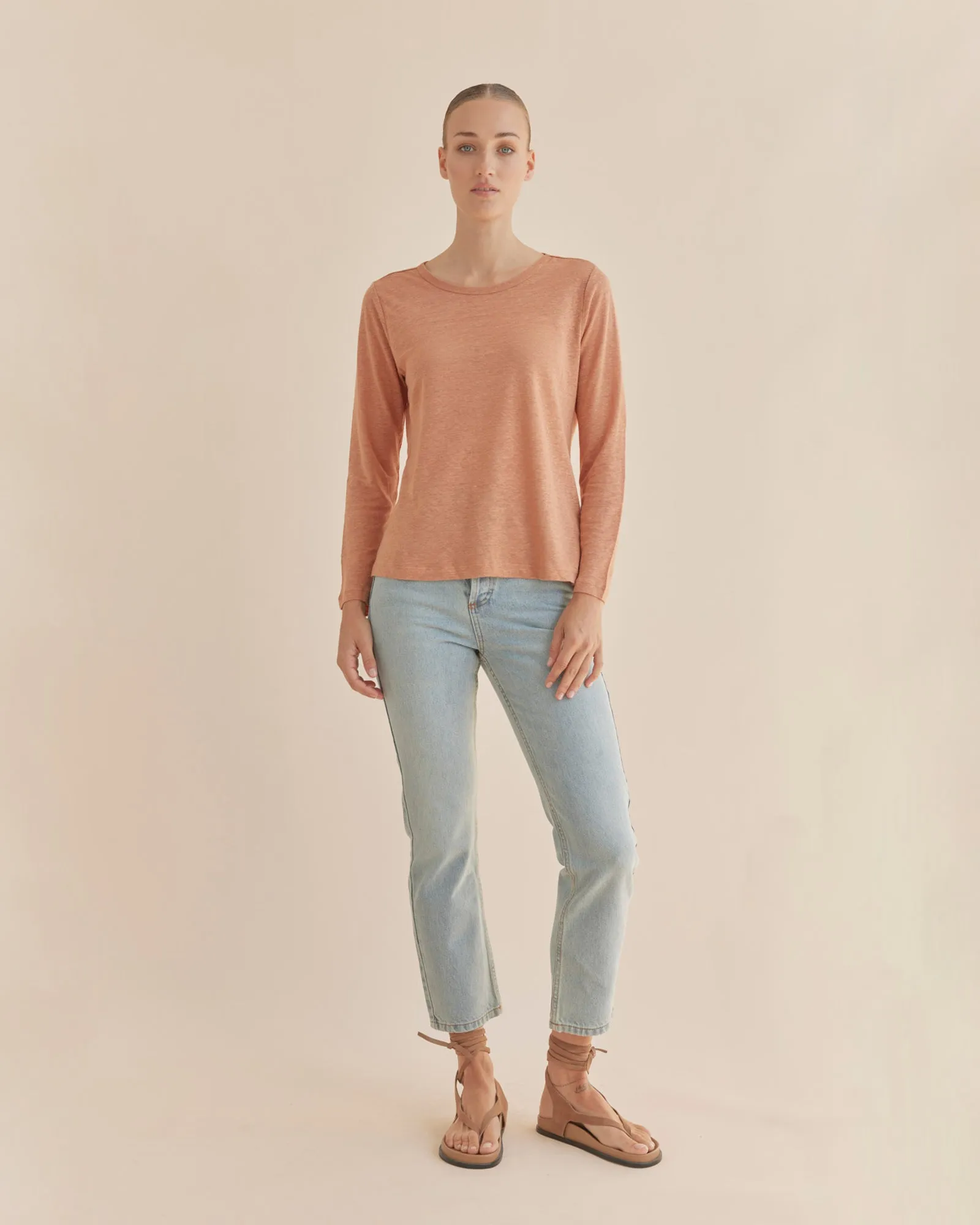 Priya Long Sleeve Linen Jersey Top - Rust