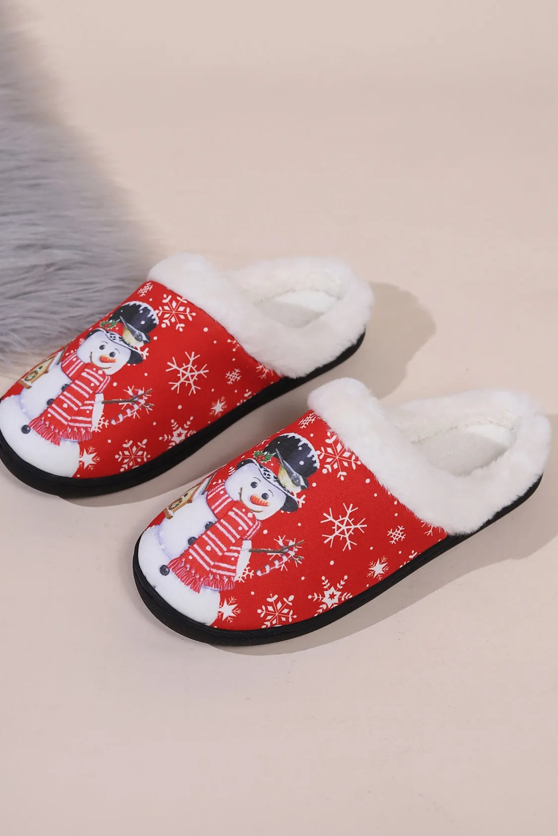 Snowman Round Toe Faux Fur Slippers