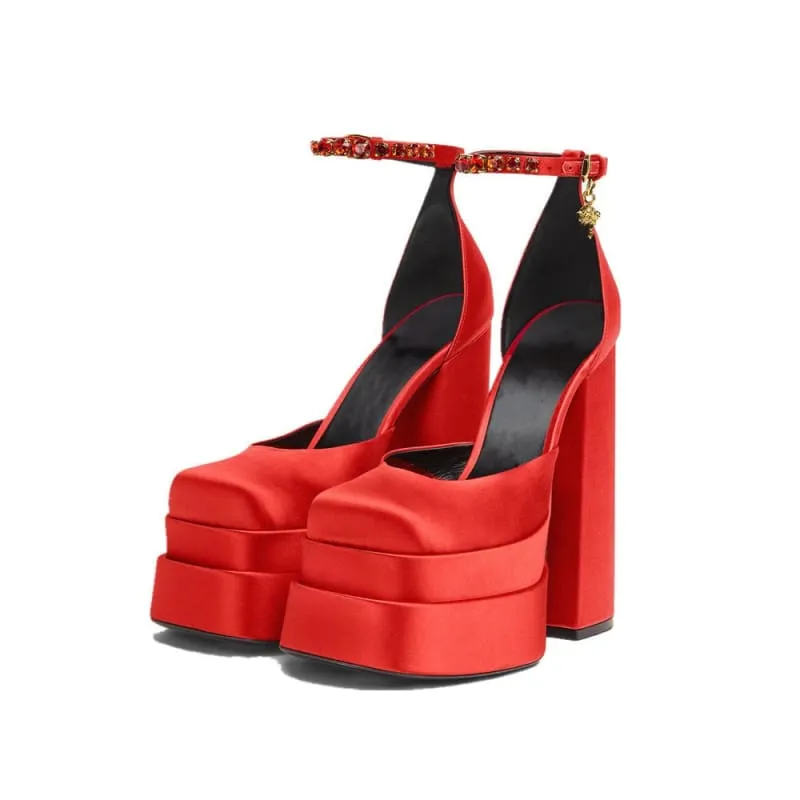 Square Toe Platform Satin Fabric Unisex Rhinestone High Heels