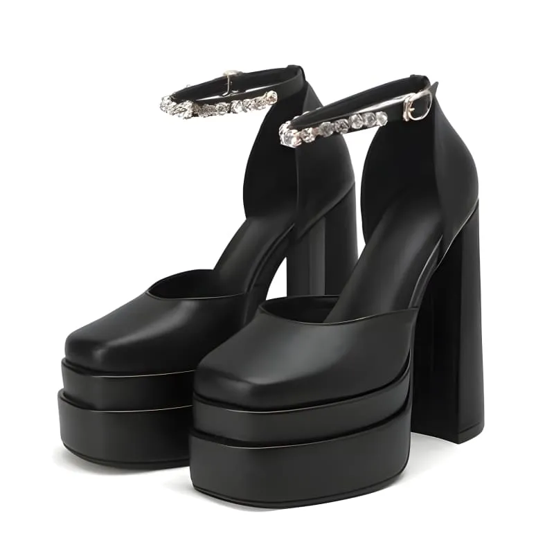 Square Toe Platform Satin Fabric Unisex Rhinestone High Heels