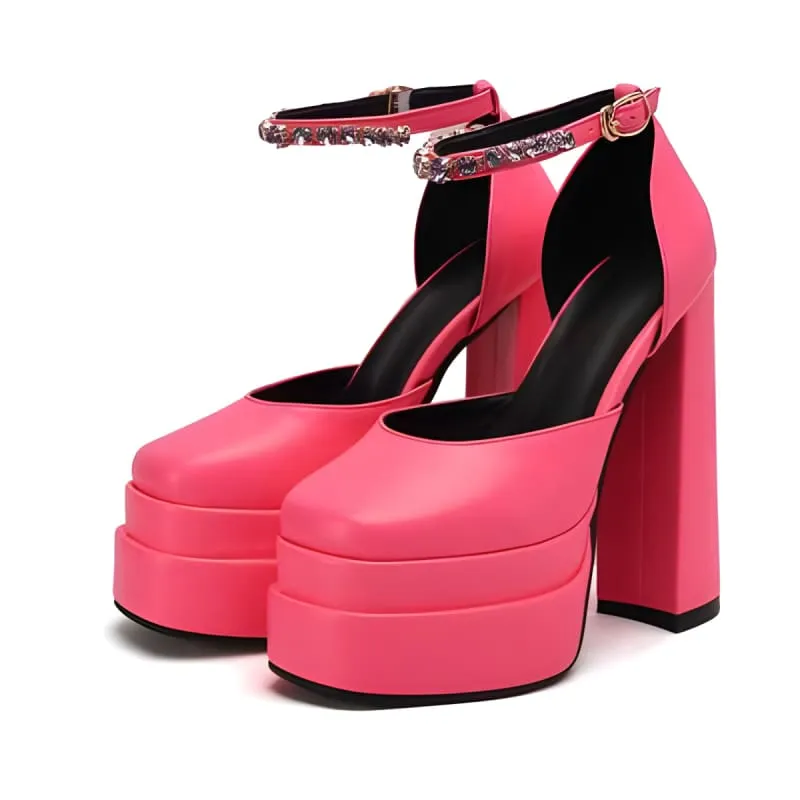 Square Toe Platform Satin Fabric Unisex Rhinestone High Heels