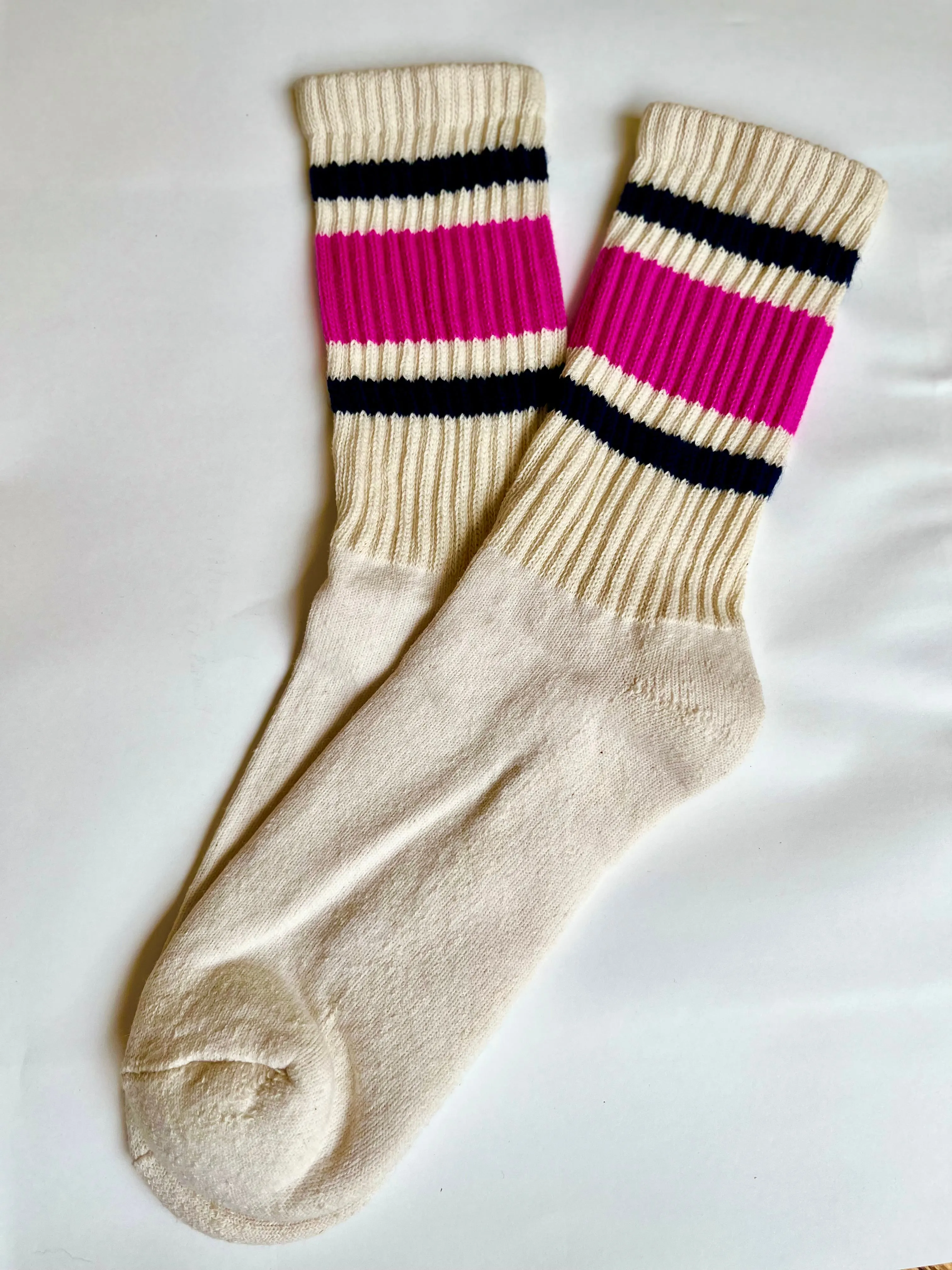 STRIPE Neon Pink Cotton Crew Socks