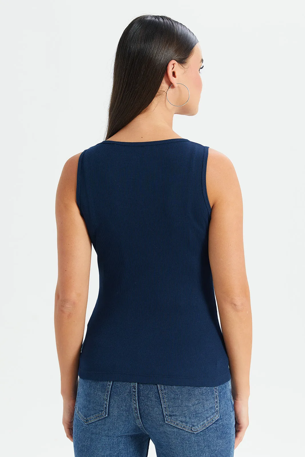 Women Navy Ribbed Vest