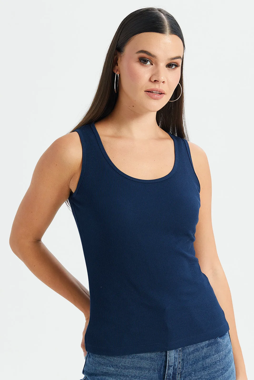 Women Navy Ribbed Vest