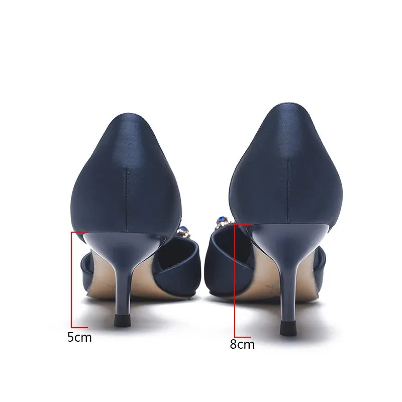 Women Spring Autumn Sweet Style Satin 5cm Medium High Heels Pointed Toe Slip-on Daily Wear Shoes